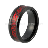Black Tungsten Carbide Ring Red Dragon over Black Carbon Fibre Mens Womens Wedding