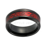 Black Tungsten Carbide Ring Red Dragon over Black Carbon Fibre Mens Womens Wedding